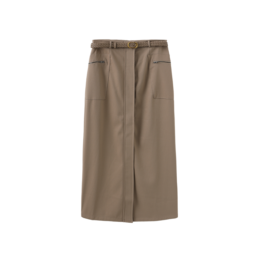 Belted Pocket Wool Skirt