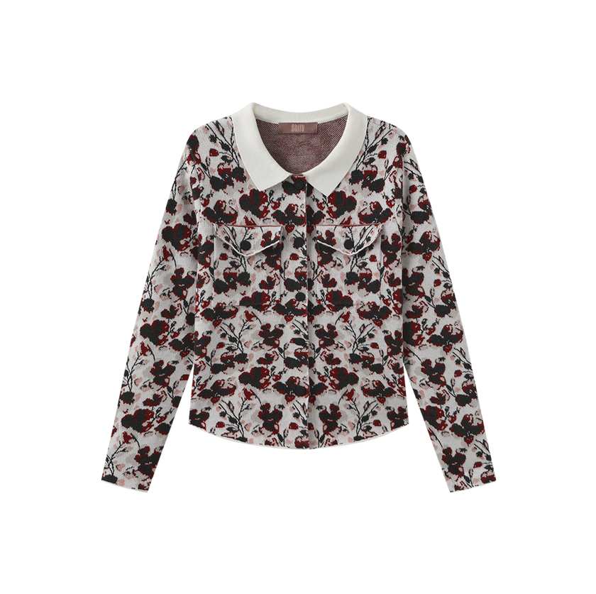Collared Printed Knit Cardigan