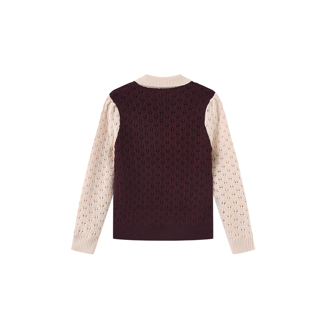 Pez Pointelle Contrast Knit Collared Sweater