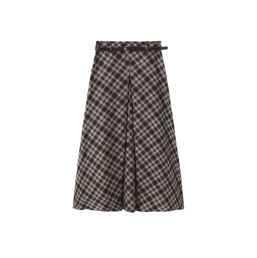 Kick Pleat Plaid Belted Skirt