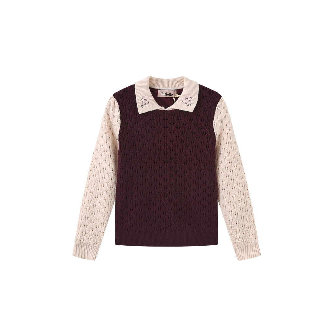 Pez Pointelle Contrast Knit Collared Sweater
