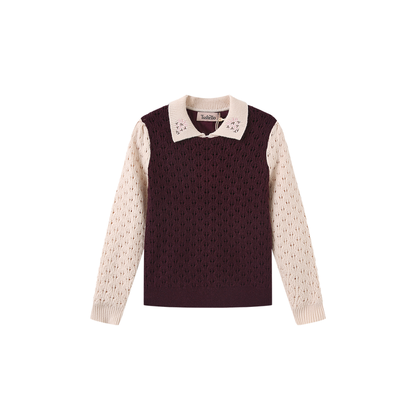 Pez Pointelle Contrast Knit Collared Sweater