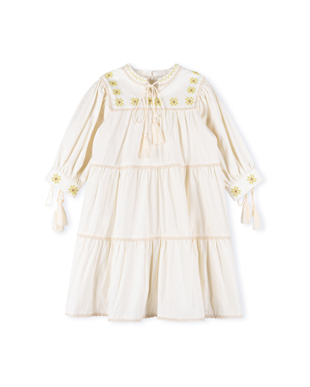 Embroidered Trim Tiered Tassel Dress