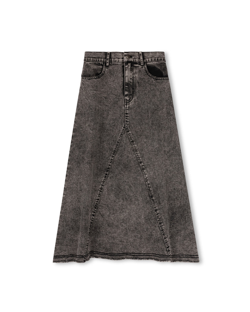 Fringe Hem Denim Midi Skirt