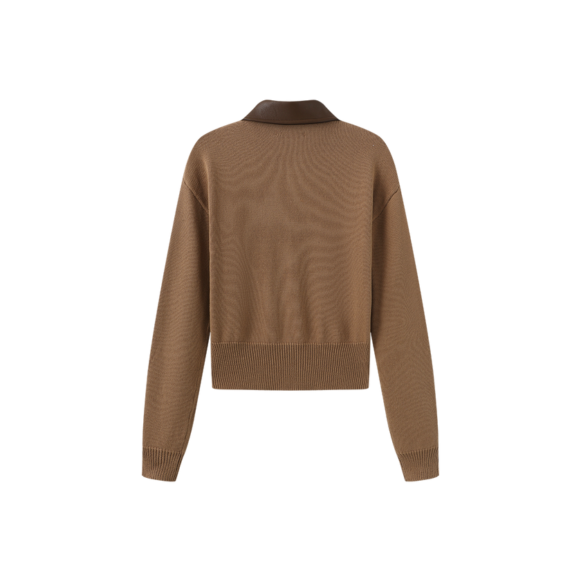 Leather Collar Knit Zip Sweater