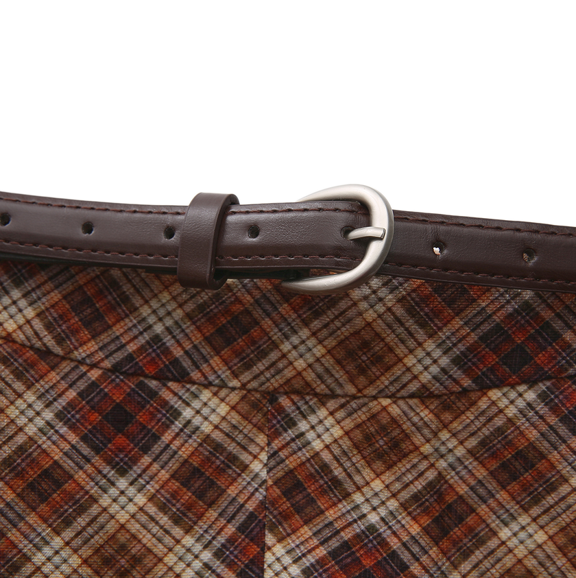 Kick Pleat Plaid Belted Skirt