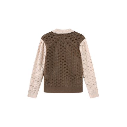 Pez Pointelle Contrast Knit Collared Sweater