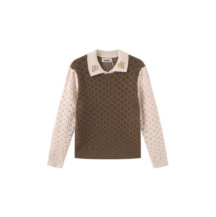 Pez Pointelle Contrast Knit Collared Sweater