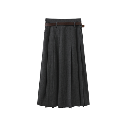 Wool Pleated Belted Skirt