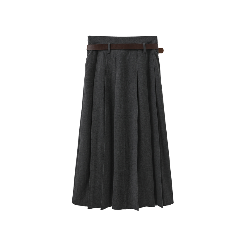Wool Pleated Belted Skirt