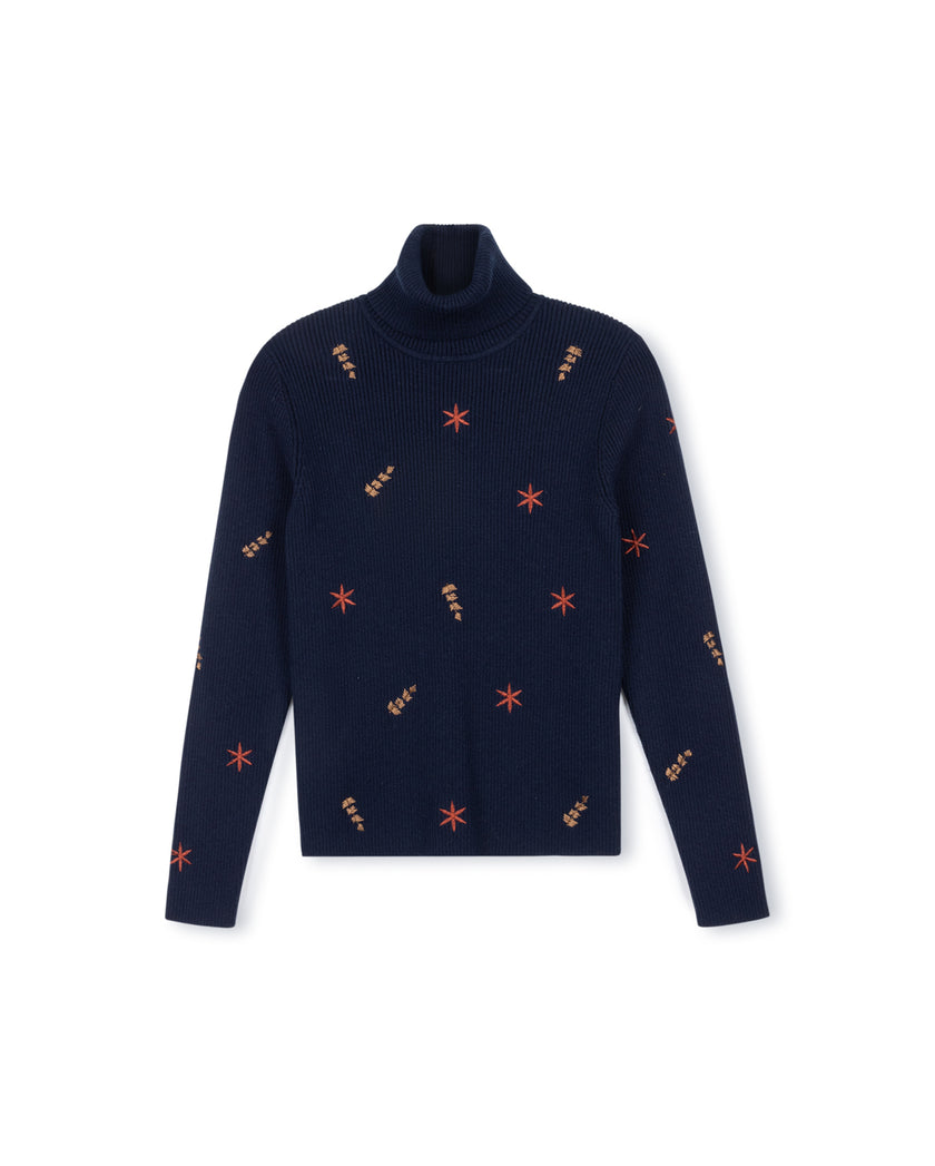 Roping - Embroidered Floral Knit Turtleneck