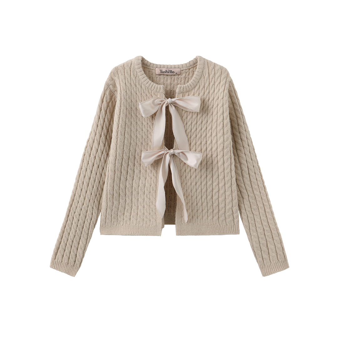 Cable Knit Bow Closure Cardigan