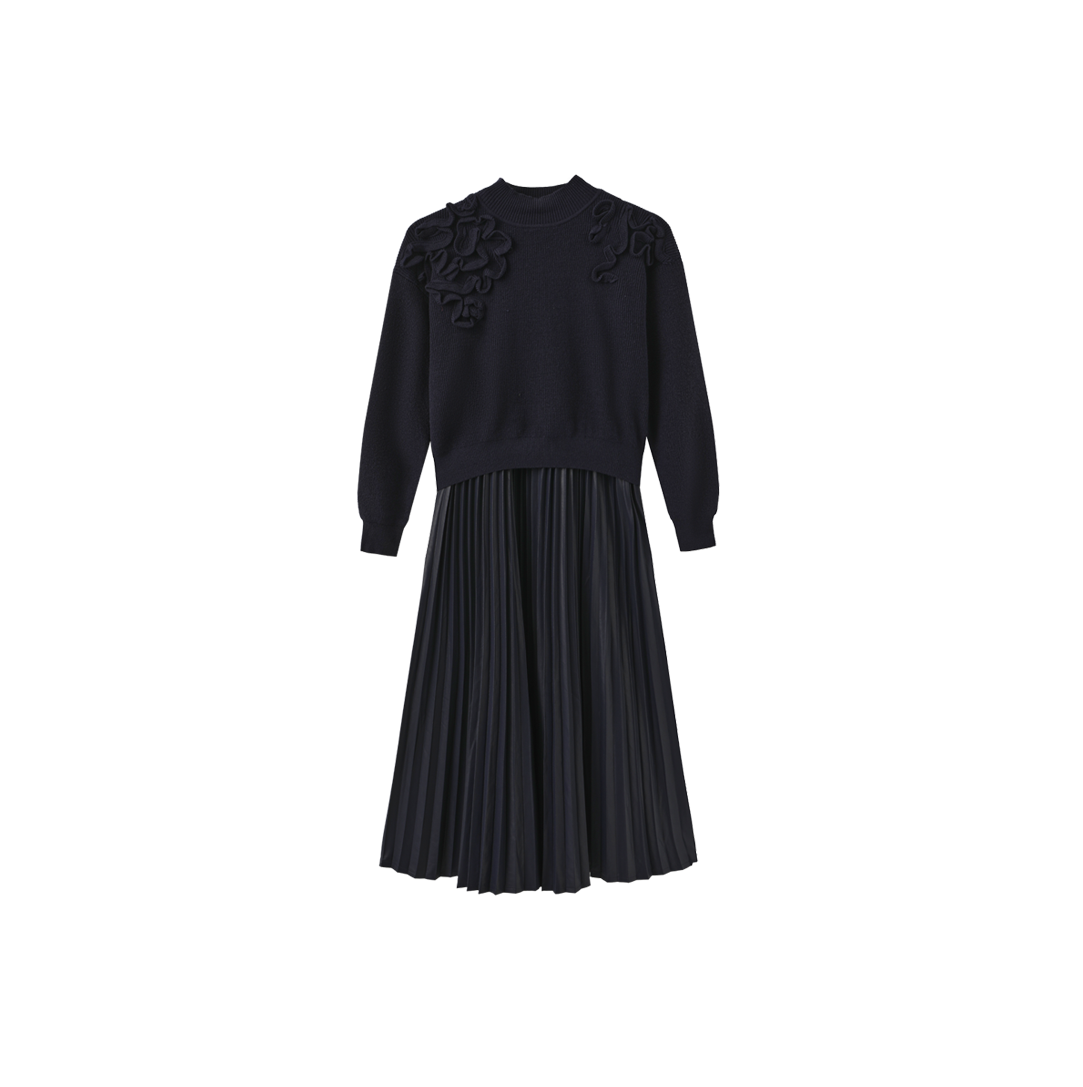 Chunky Knit Leather Pleated Dress