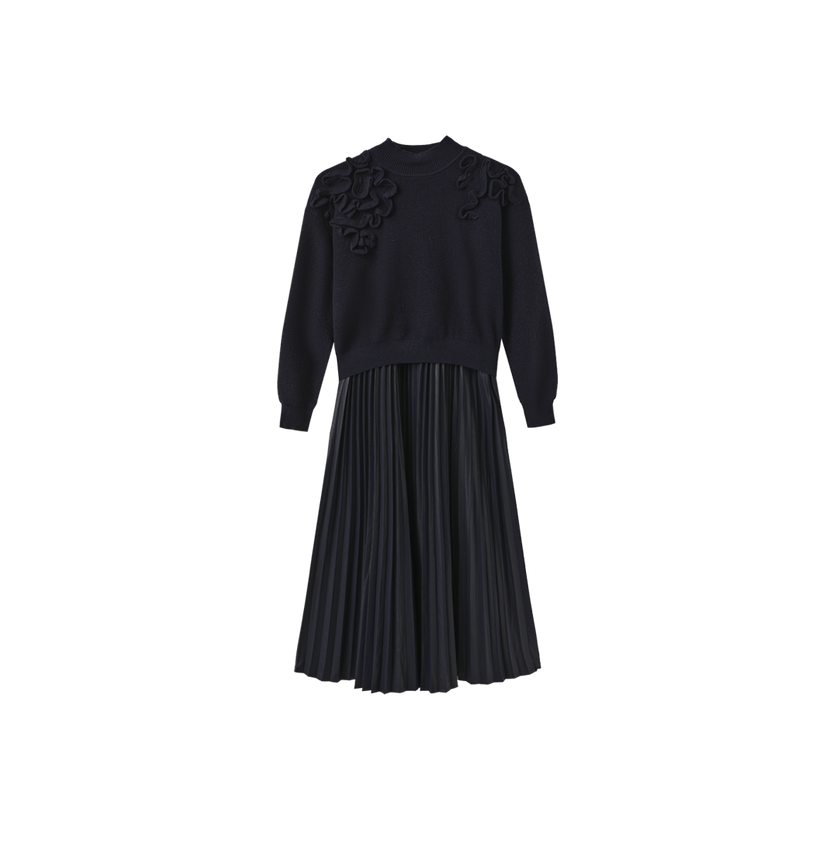 Chunky Knit Leather Pleated Dress