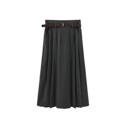 Wool Pleated Belted Skirt