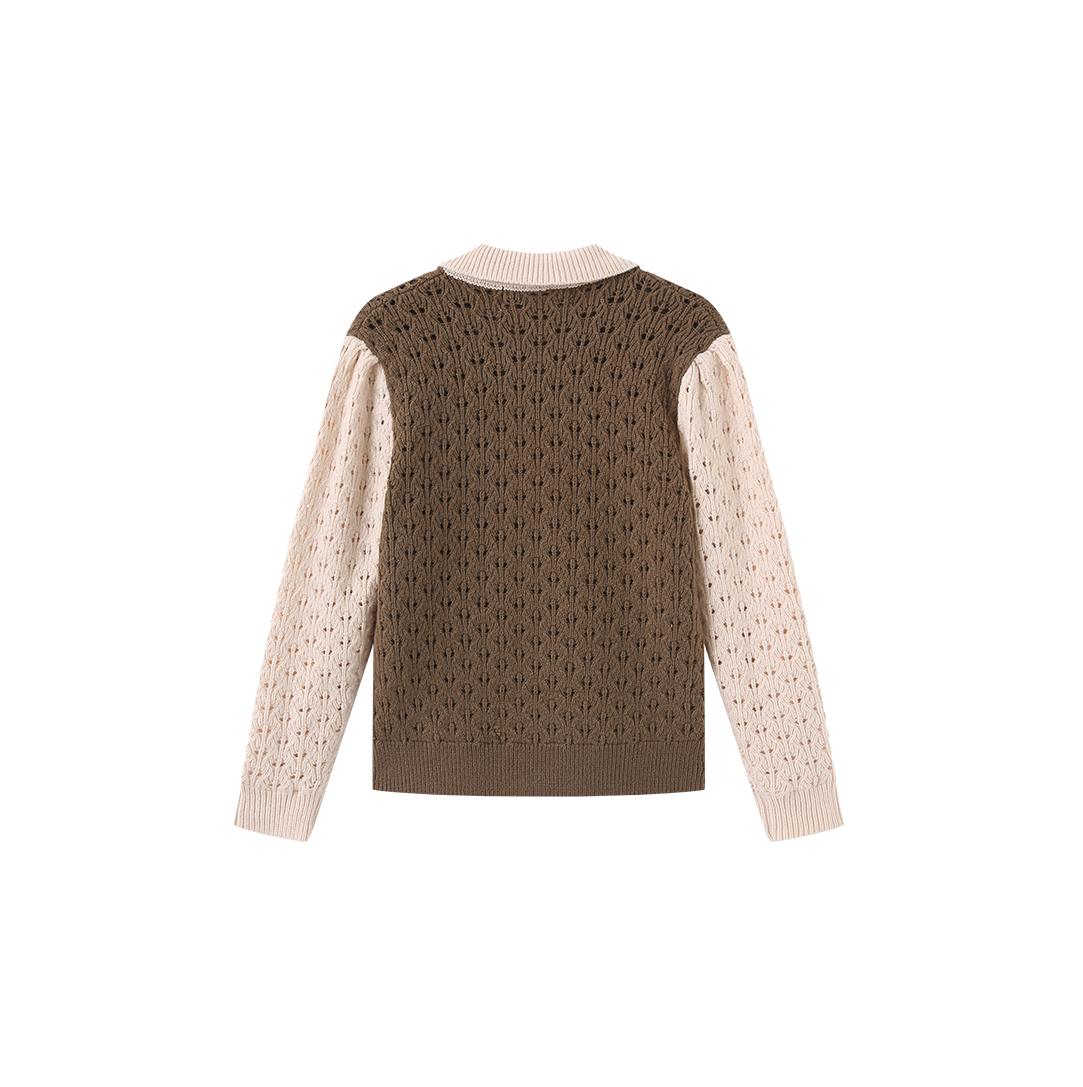 Pez Pointelle Contrast Knit Collared Sweater
