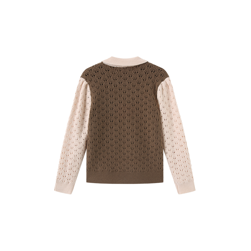 Pez Pointelle Contrast Knit Collared Sweater