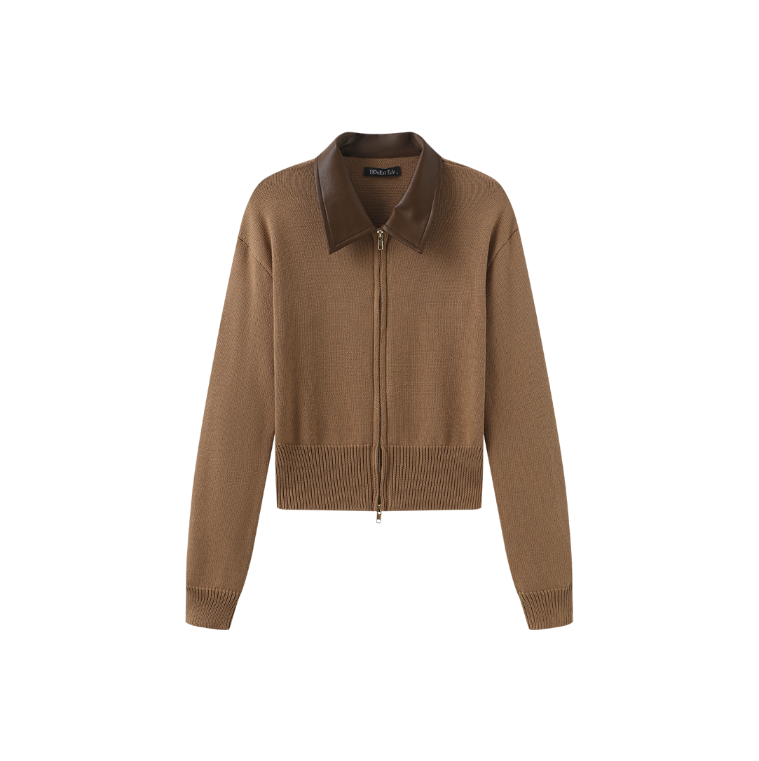 Leather Collar Knit Zip Sweater