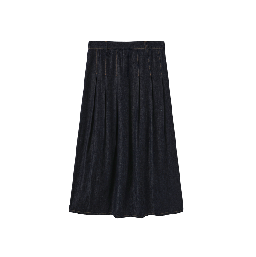 Wide Pleat Fly Denim Skirt