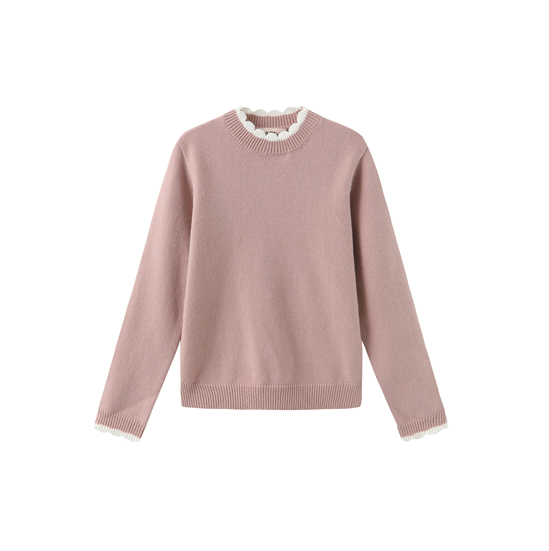 Round Tonal Knit Ruffle Sweater
