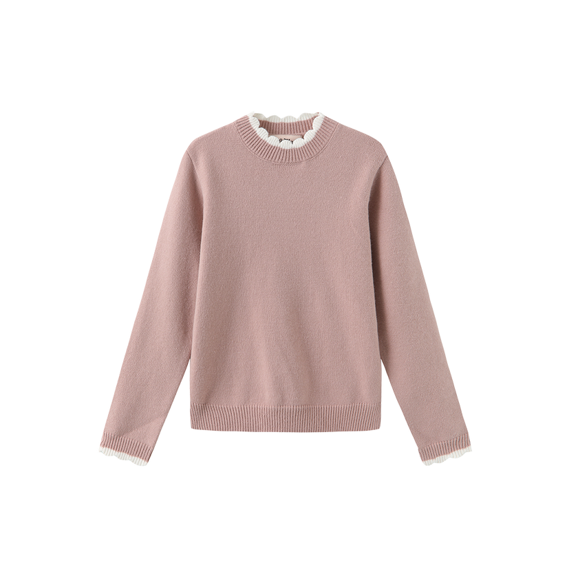Round Tonal Knit Ruffle Sweater