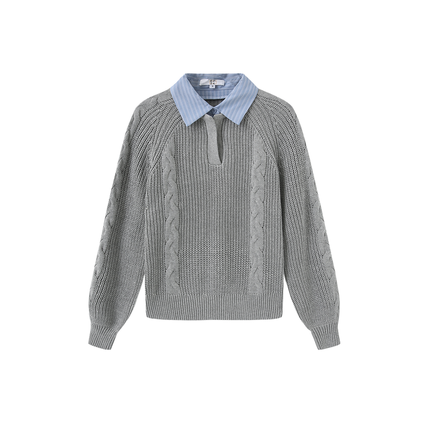 Cable Knit Stripe Collar Sweater
