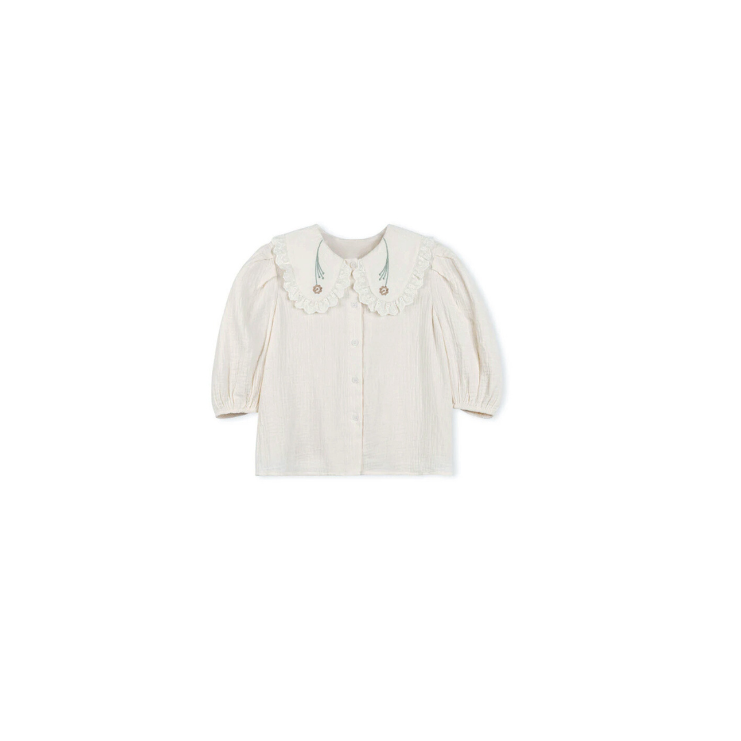 Gauze Embroidered Collared Blouse