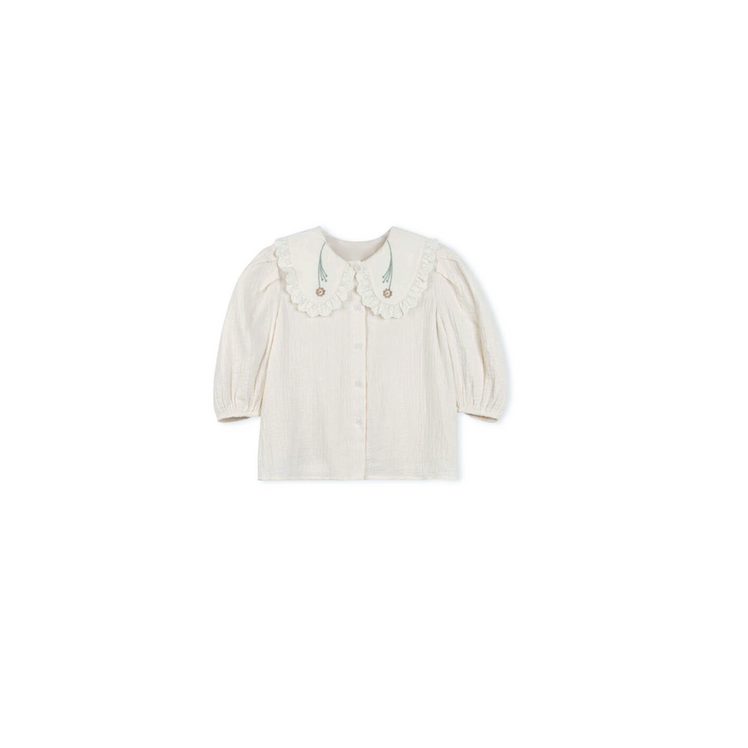 Gauze Embroidered Collared Blouse