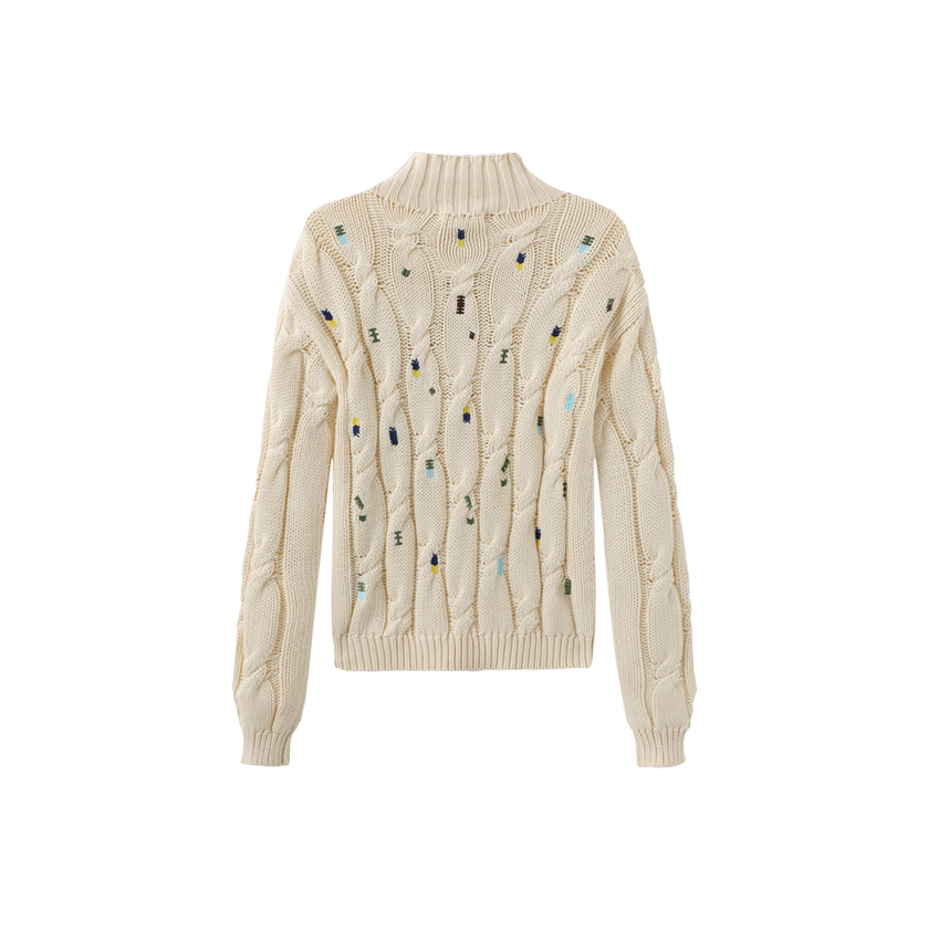 Chunky Knit Embroidered Turtleneck