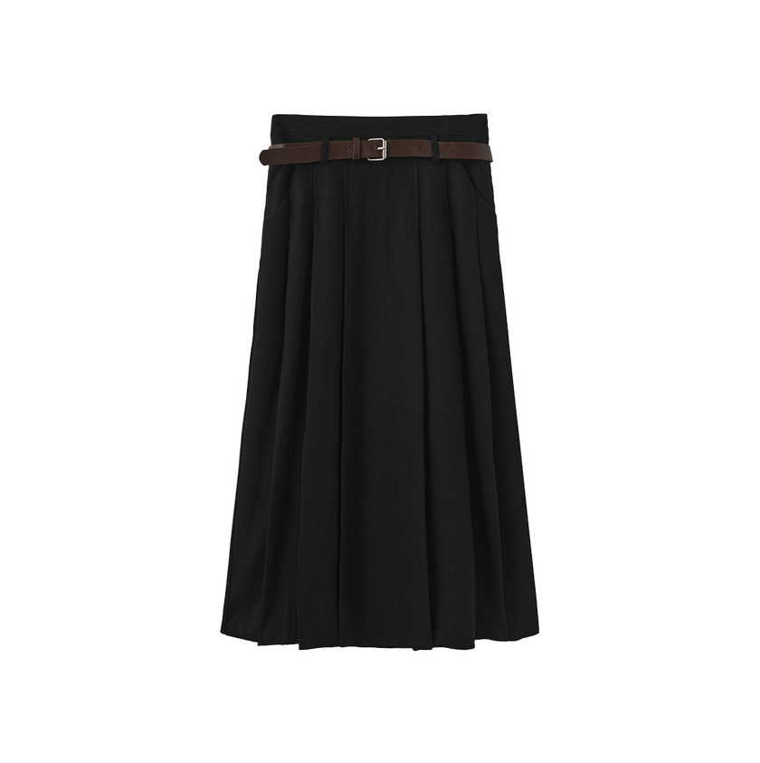 Wool Pleated Belted Skirt