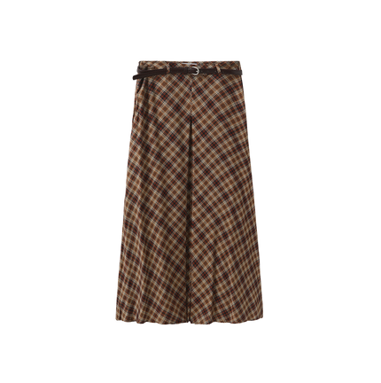 Kick Pleat Plaid Belted Skirt