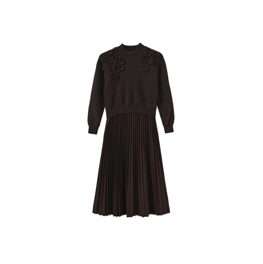 Chunky Knit Leather Pleated Dress