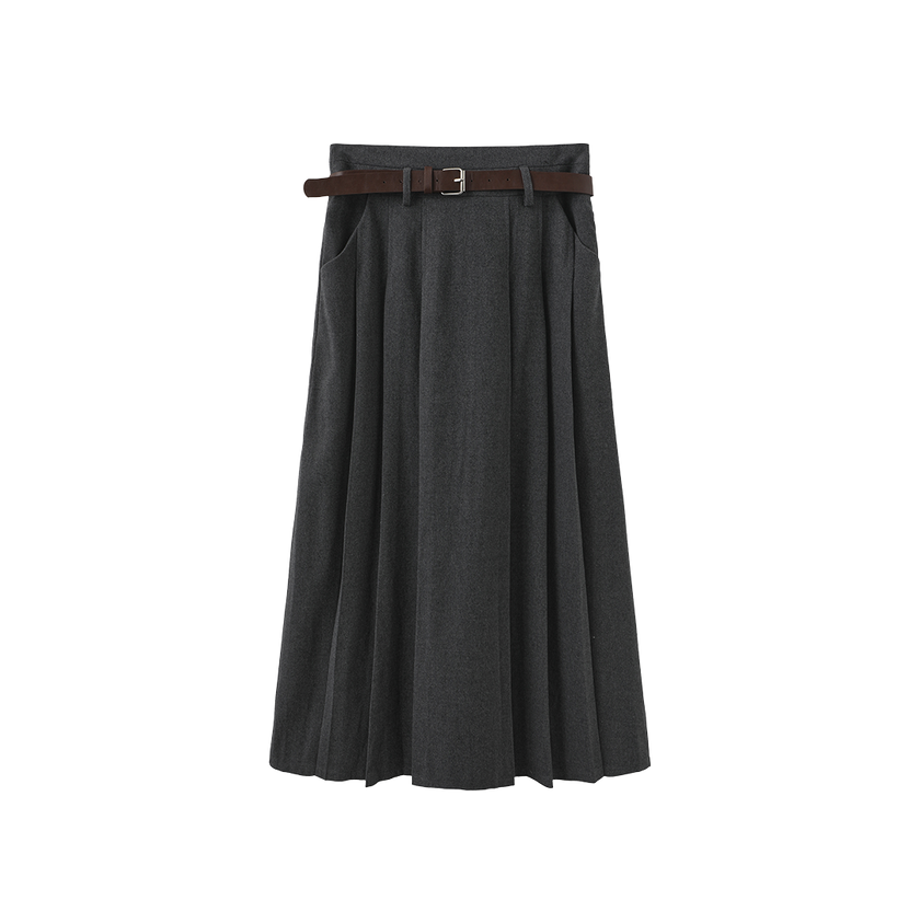 Wool Pleated Belted Skirt