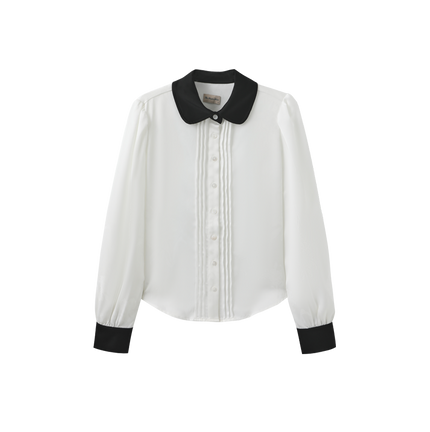 Contrast Collar Pleated Blouse