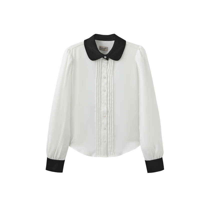 Contrast Collar Pleated Blouse