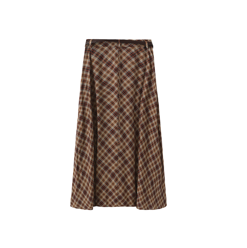 Kick Pleat Plaid Belted Skirt