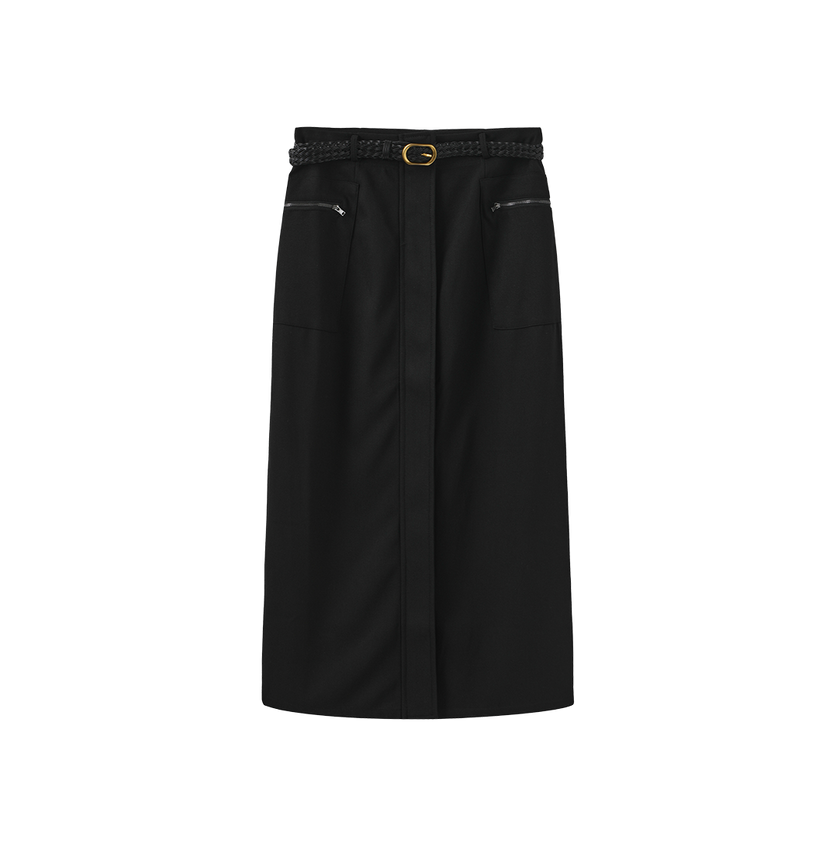 Belted Pocket Wool Skirt