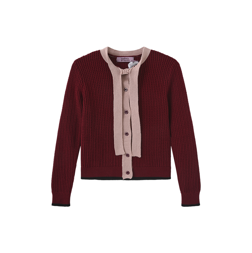 Cotton Ribbed Neck Bow Cardigan