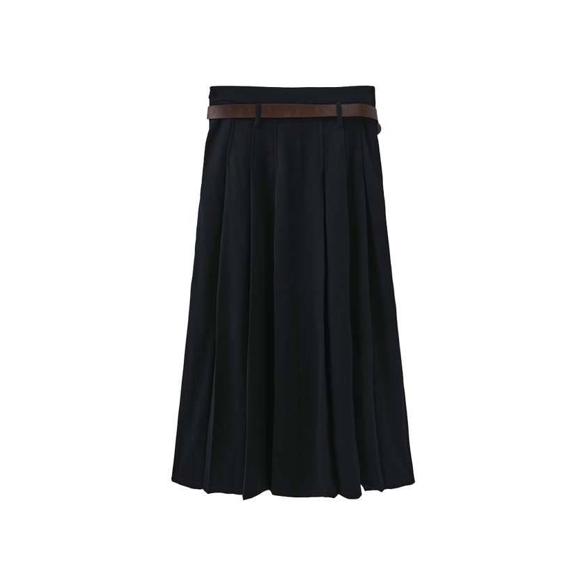 Wool Pleated Belted Skirt